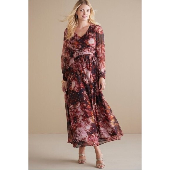 Soft Surroundings Rina Silk Maxi Dress Womens SZ6 Red Gold Long Sleeve Flowy NWT - Picture 1 of 8